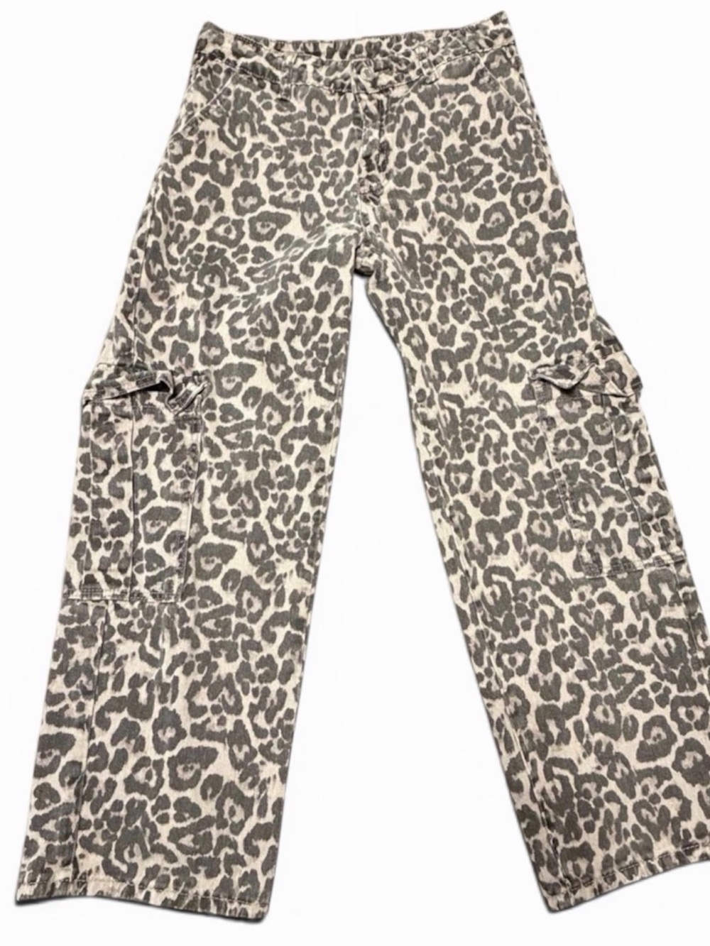 Shein Leopard Print High Rise Cargo Straight Leg Jeans, Petite Small, Gray Black
